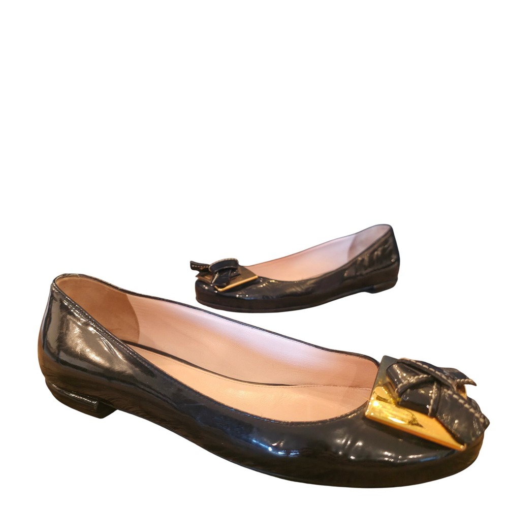 PRADA 37.5/US 7 Black Patent Leather Ballet Flats Bow Gold‎ Luxury Minimalism